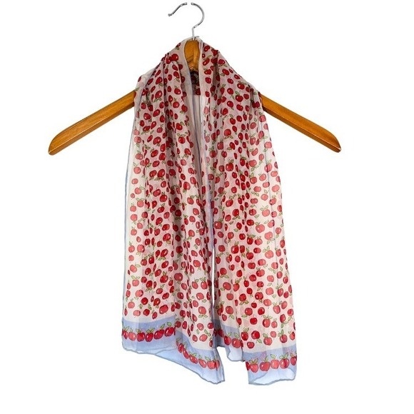 Accessories - Vintage Style Cherry Print Sheer Scarf 40x14 Blue Border Lightweight Wrap